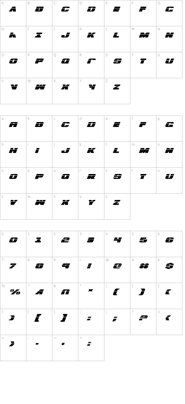 bummer-laser-italic character map