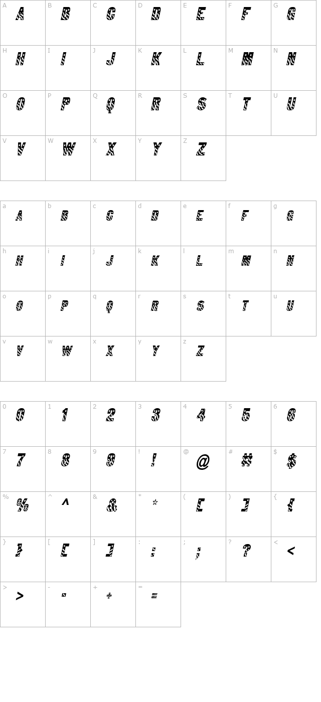 Bunting 1-Condensed Italic character map