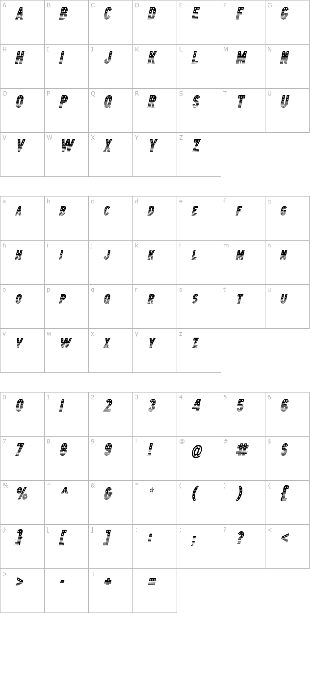 Bunting 2-Condensed Italic character map