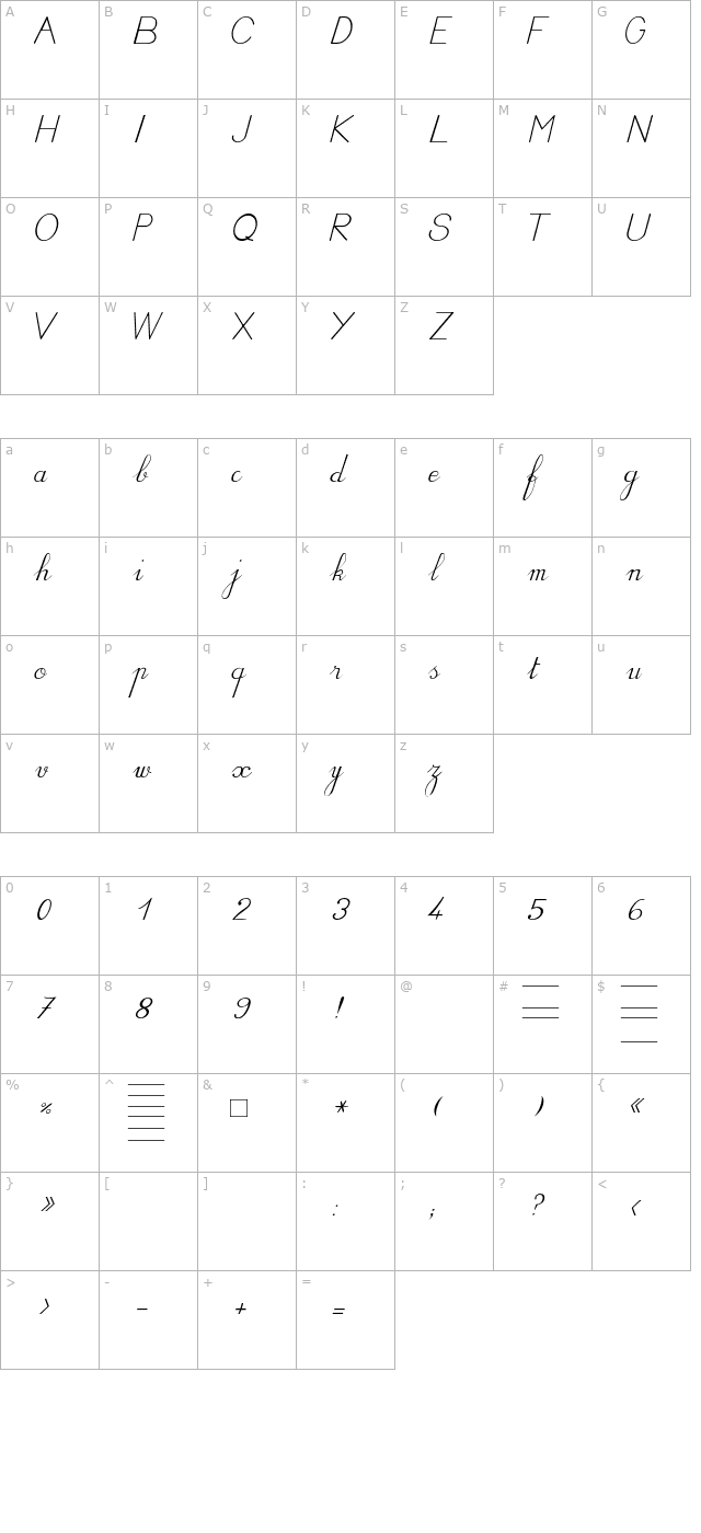 BV Cursive Ital Italic character map