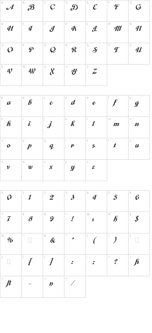 Cabarga Cursiva LET Plain character map