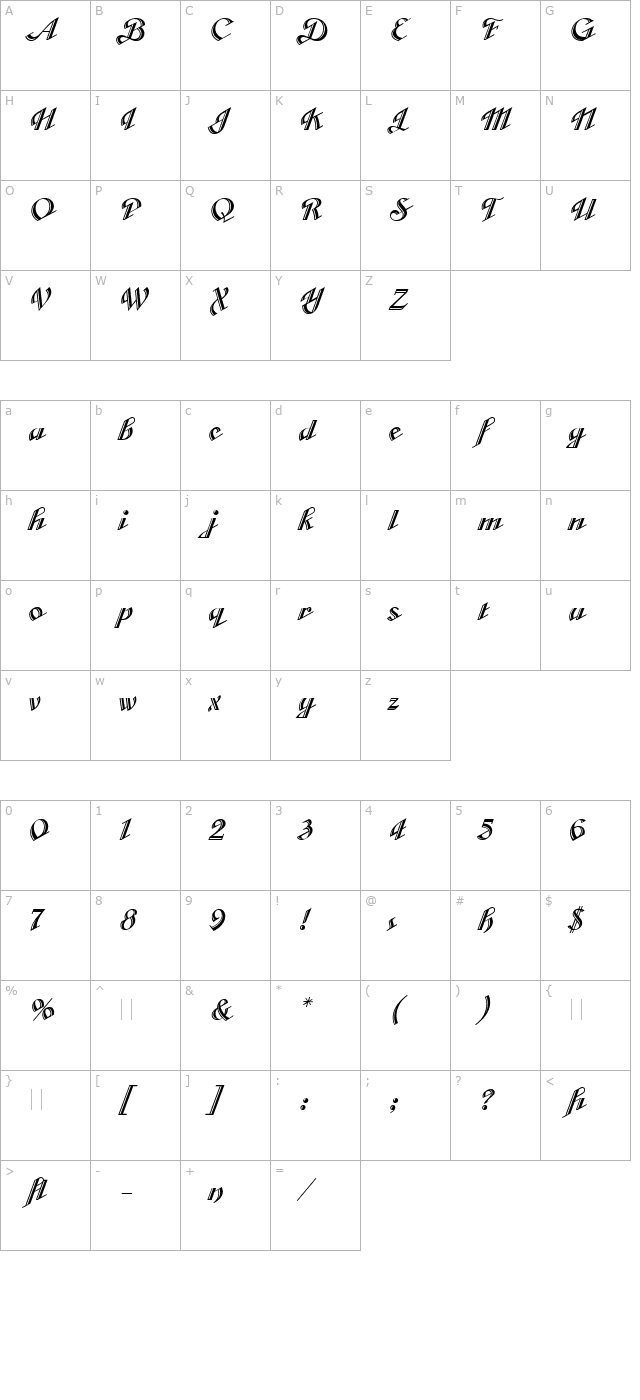 Cabarga Cursiva LET Plain1.0 character map