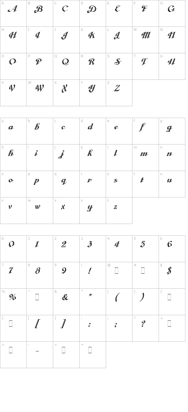 Cabarga Cursiva Plain character map