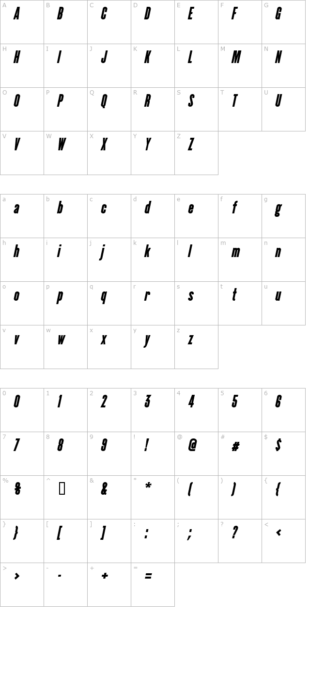 cactusblack-italic character map