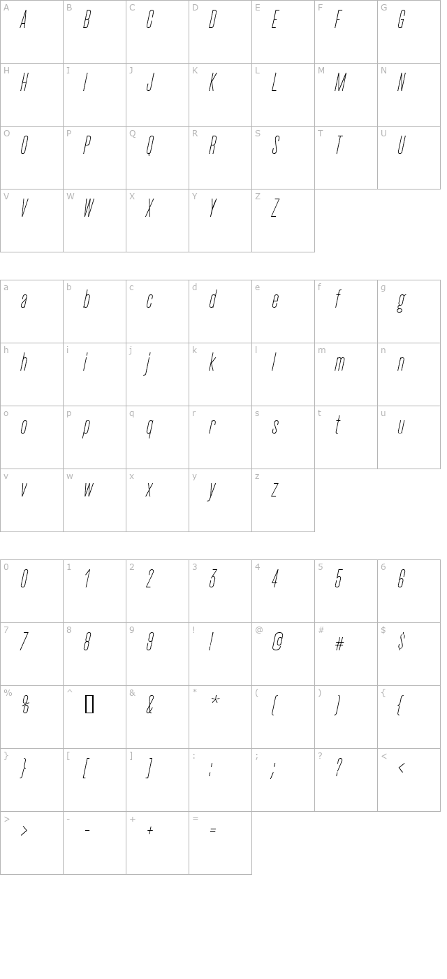 CactusLight Italic character map