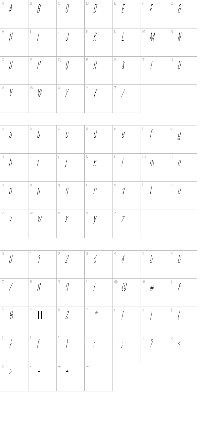 cactuslight-italic character map