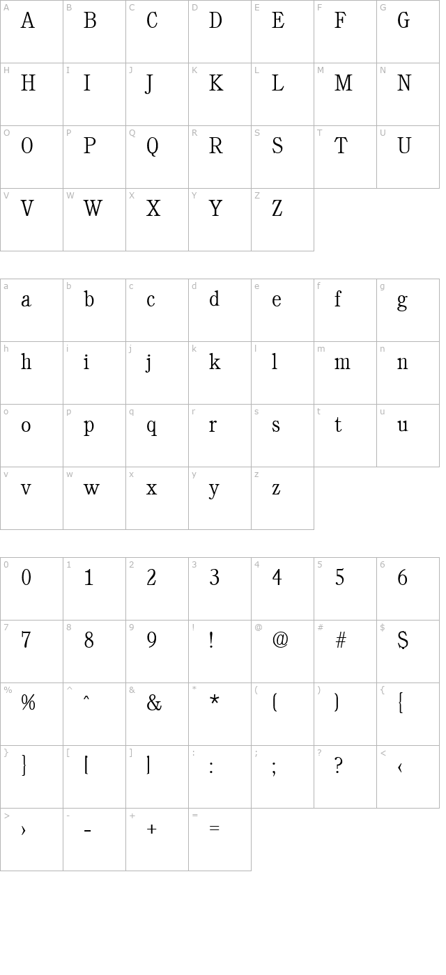 calgary-xlight character map