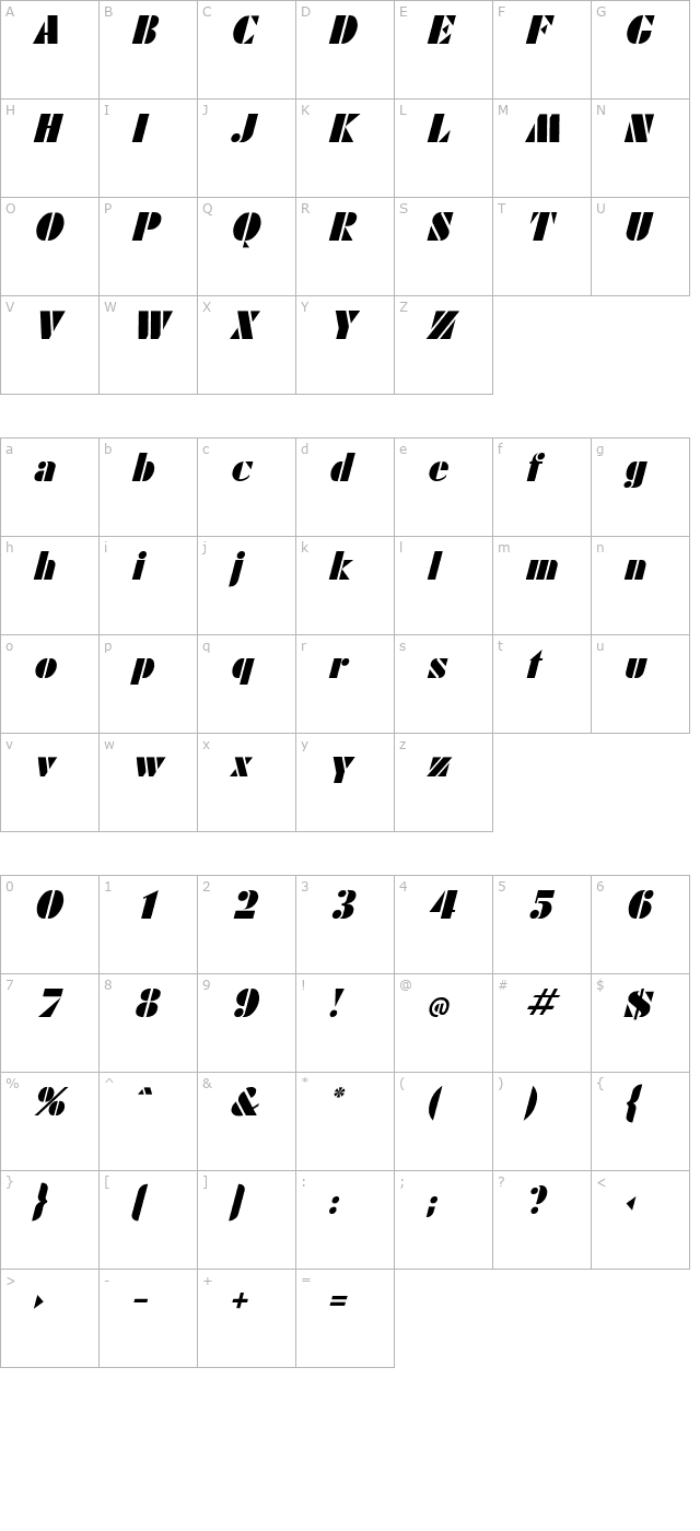 calico-italic character map