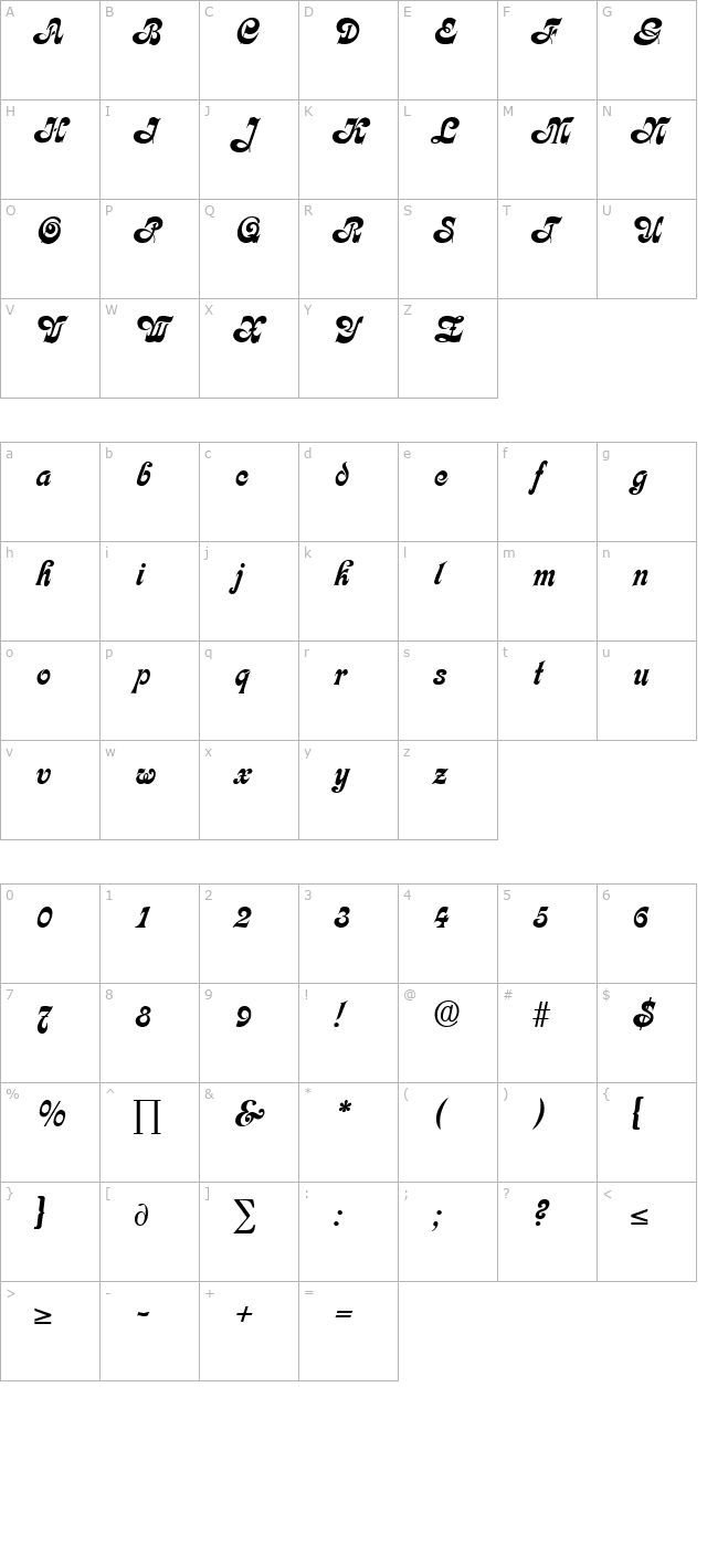 calligraphia character map