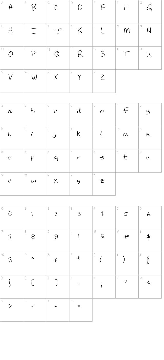 calvinshand-regular character map