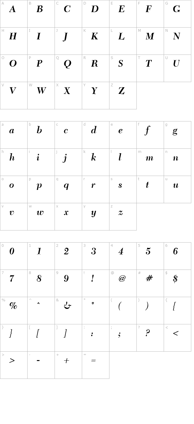 Camelia Bold Italic character map