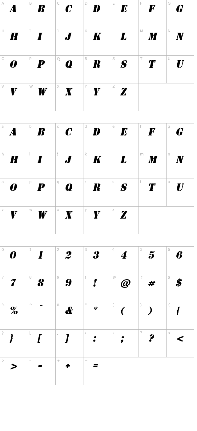 Cargo Italic character map