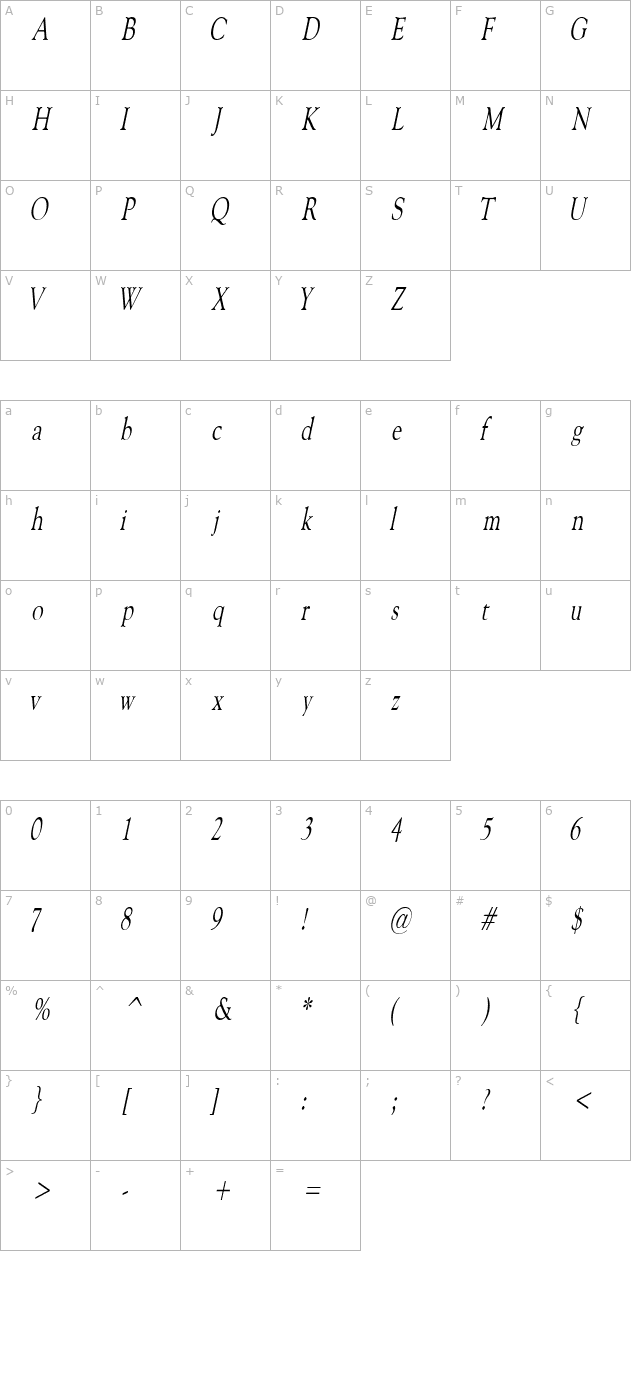 carnegiecondensed-italic character map