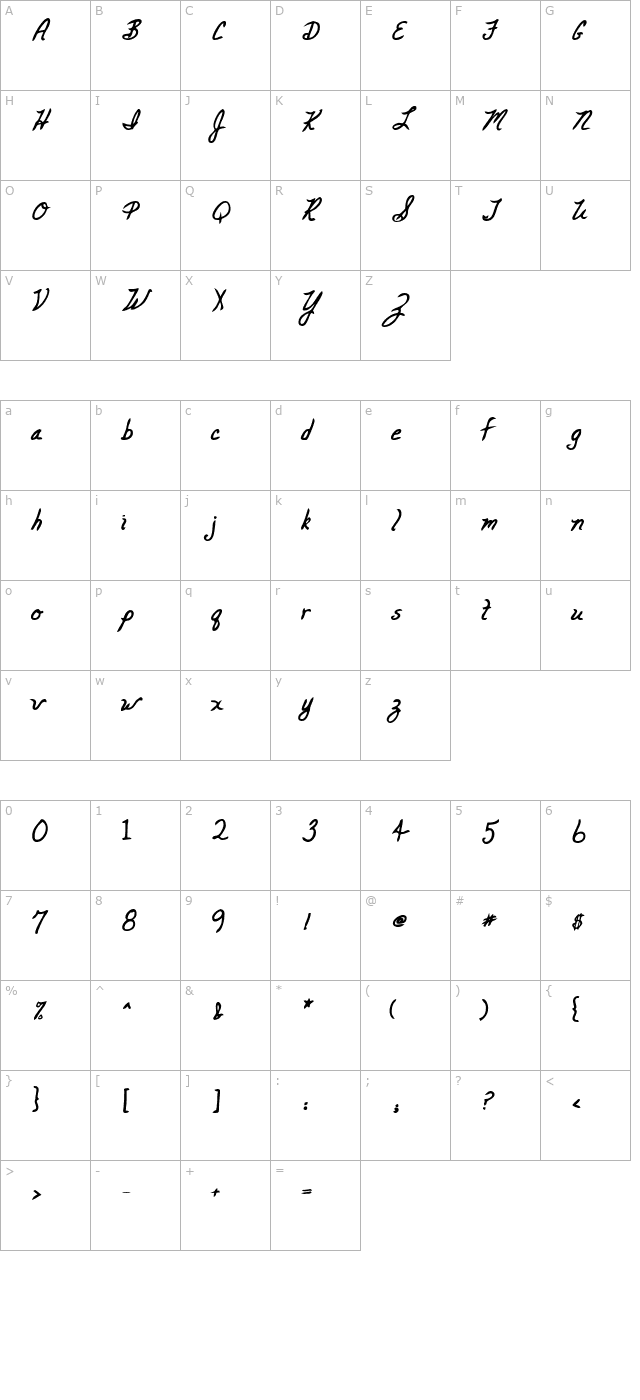 carolineshand-bold character map