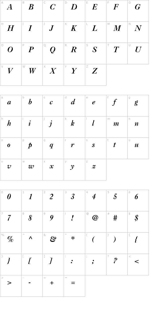 Casablanca Bold Italic character map