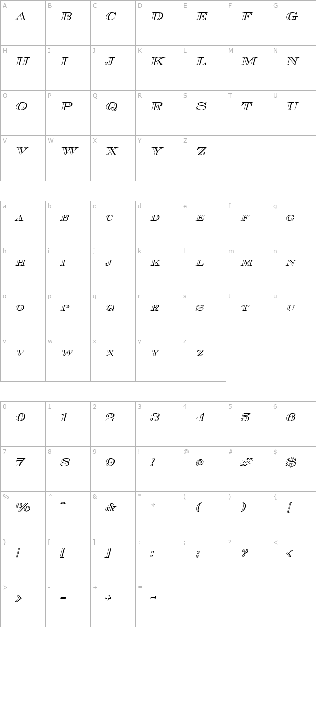 Cash OutlineItalic character map