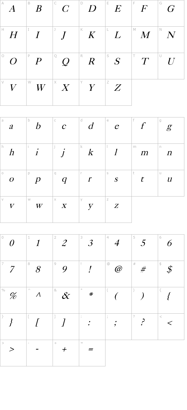 Caslon Italic character map