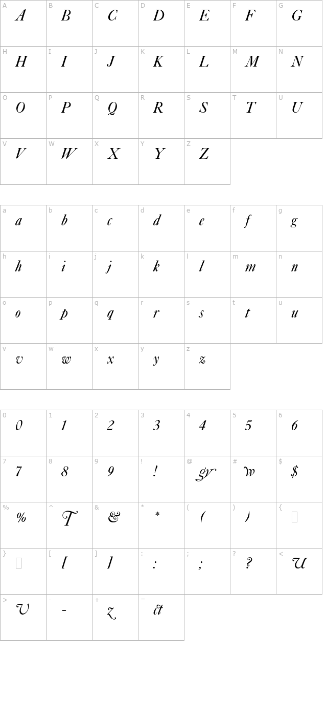 caslonitalicwithswashesplain character map