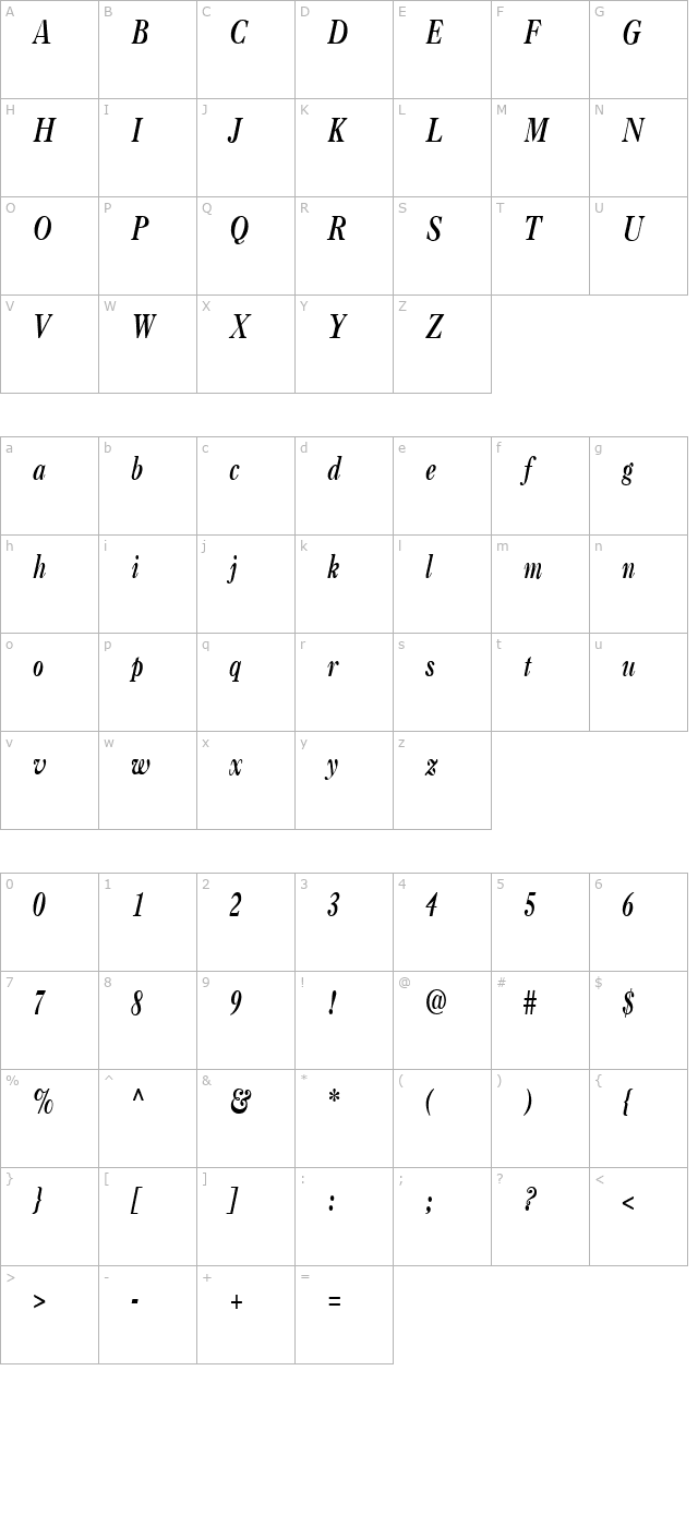 CasqueCondensed Bold Italic character map