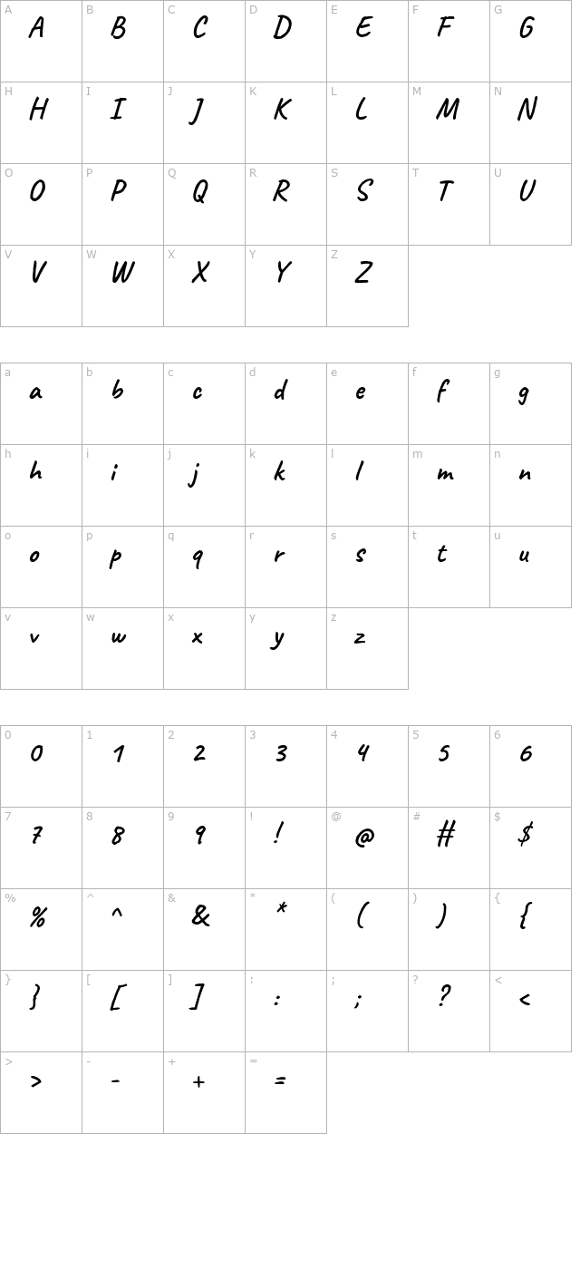 Caveat Bold character map