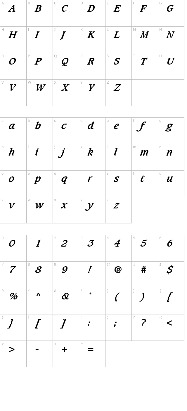 Caxton-BoldItalic character map