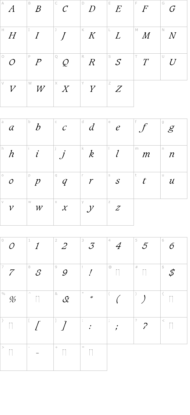 caxton-light-italic-plain character map
