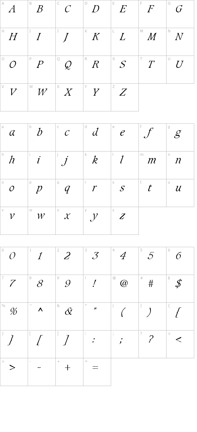 Caxton-LightItalic character map