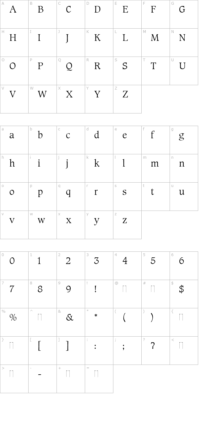 Caxton Roman Light Plain character map