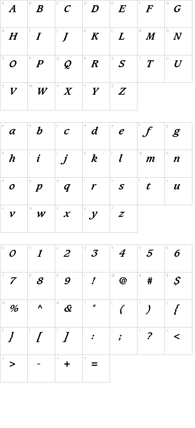 caxtonstd-bolditalic character map