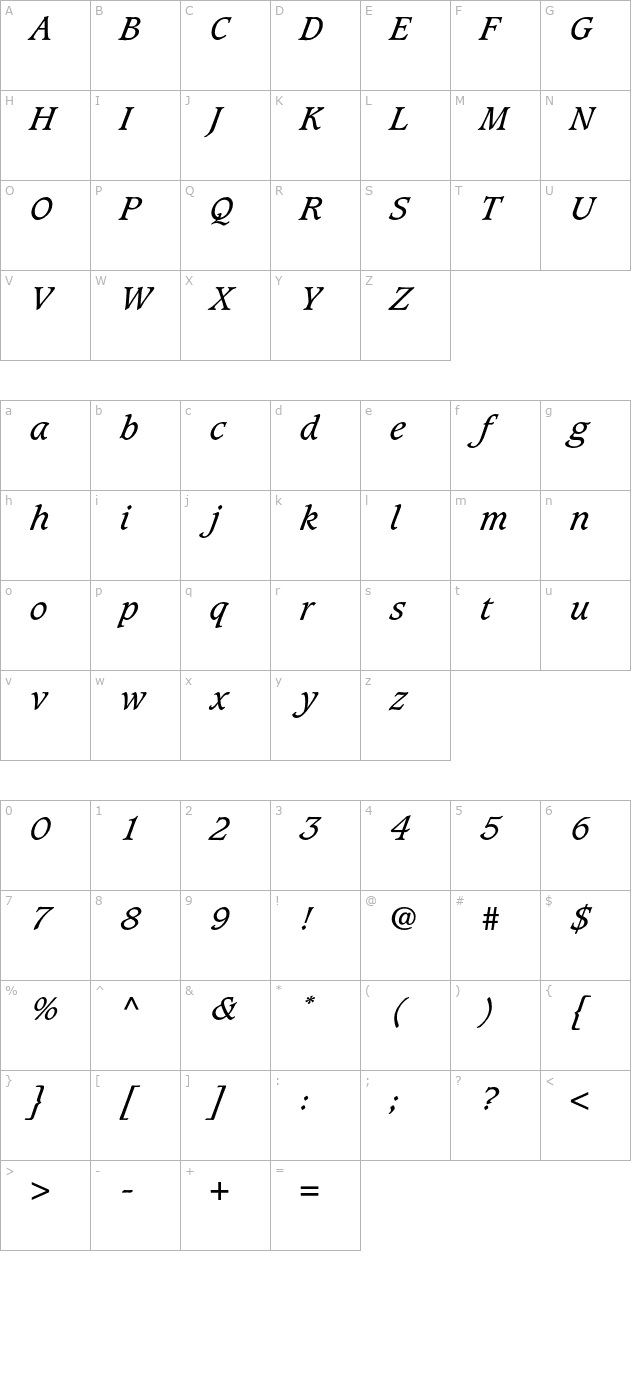 CaxtonStd-BookItalic character map