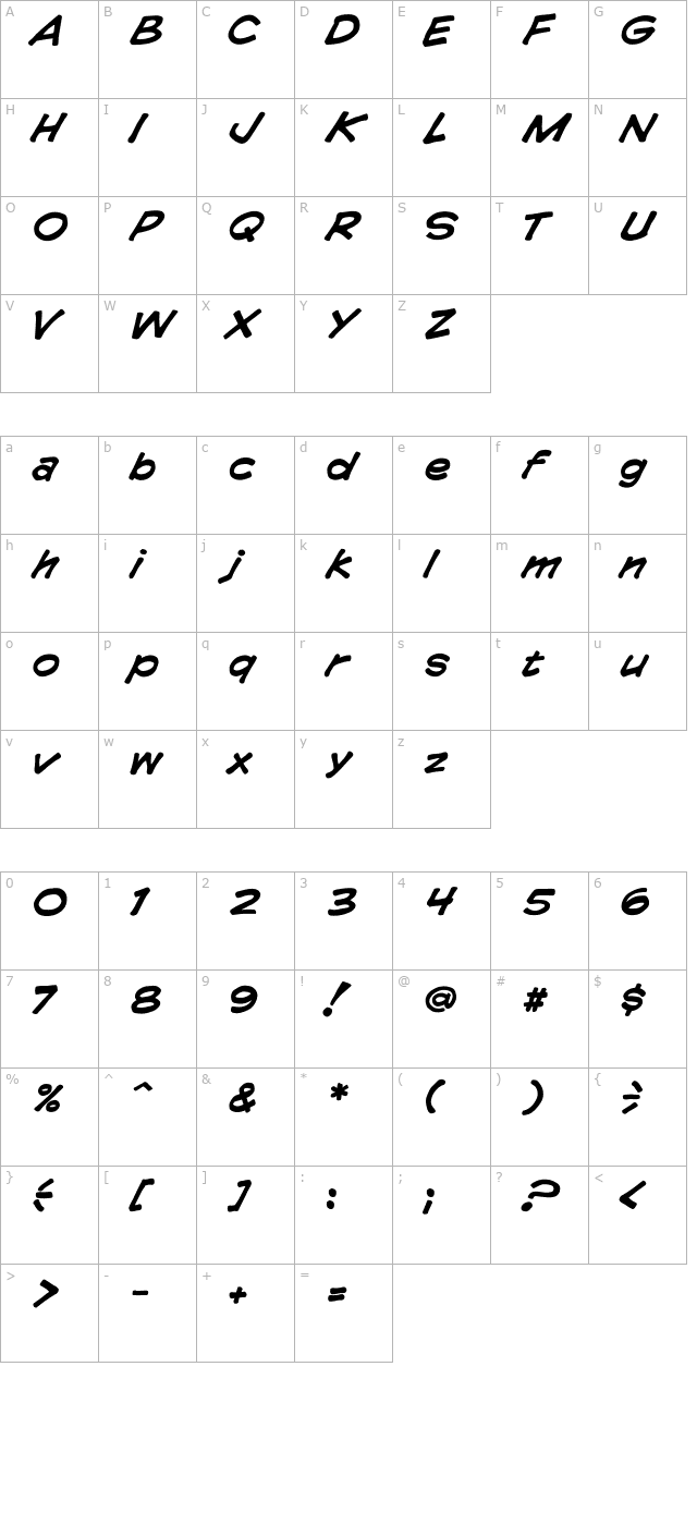 CCComicrazy-Bold Italic character map