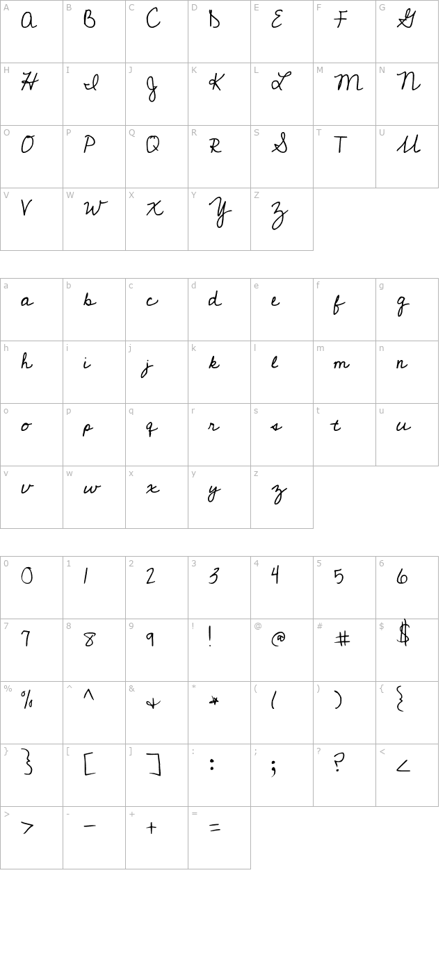 Cedarville Cursive character map