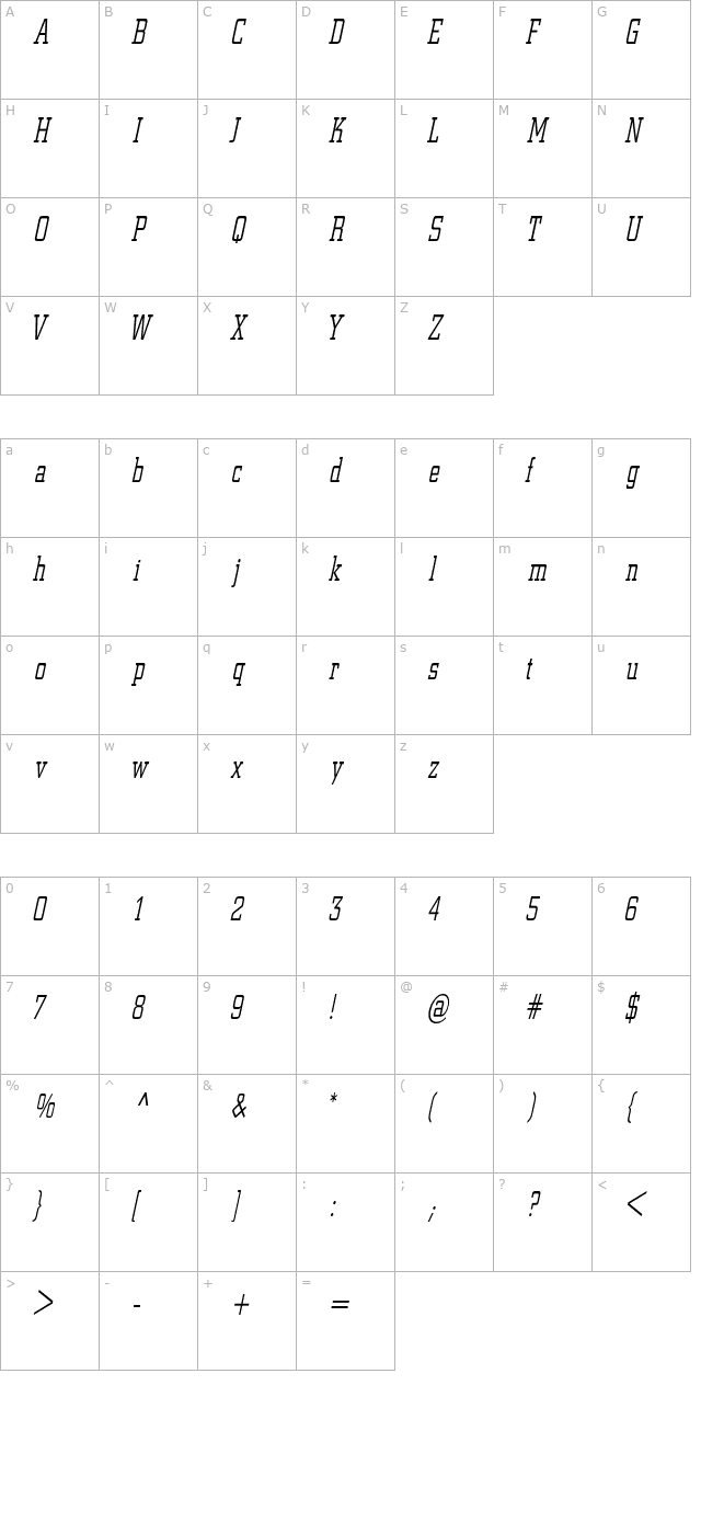 centercitycondensed-oblique character map