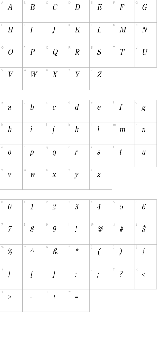 Cento Condensed Italic character map