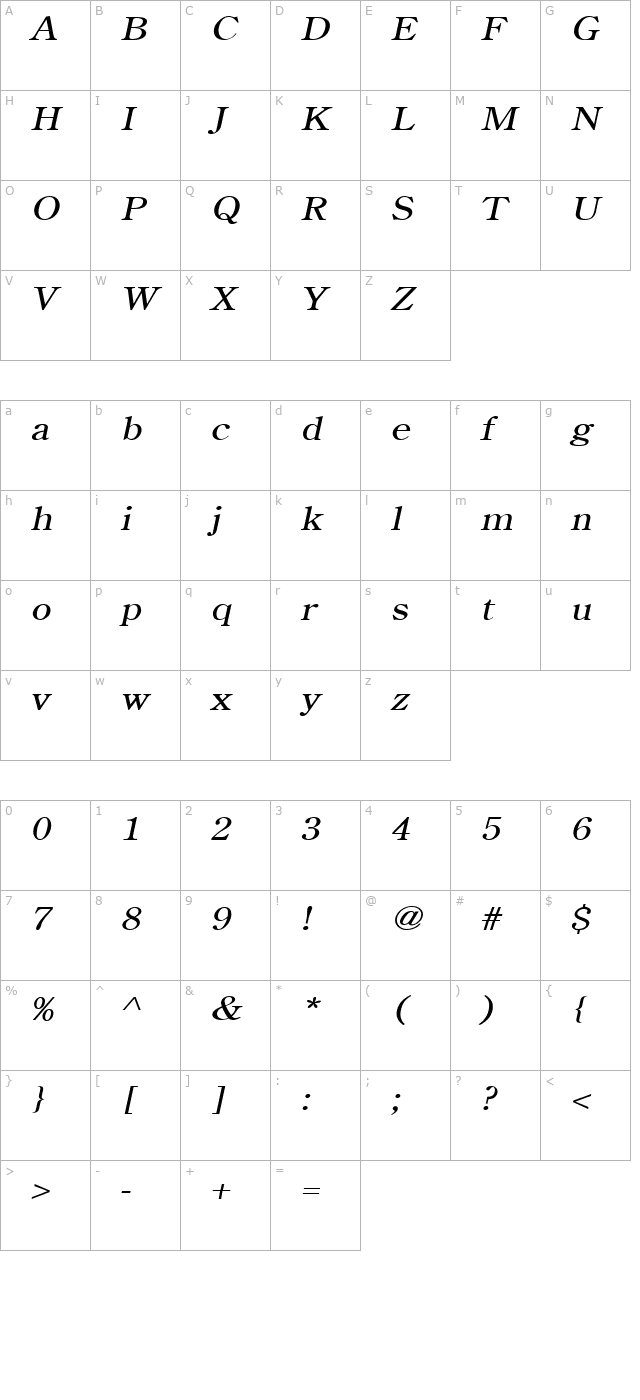 Cento Wide Italic character map