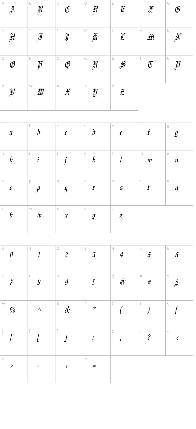 CertificateCondensed Italic character map