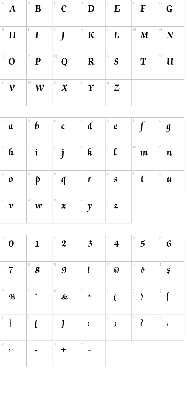 Chancery Bold character map