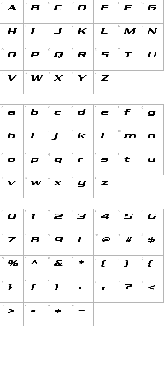 Chaney Extended BoldItalic character map