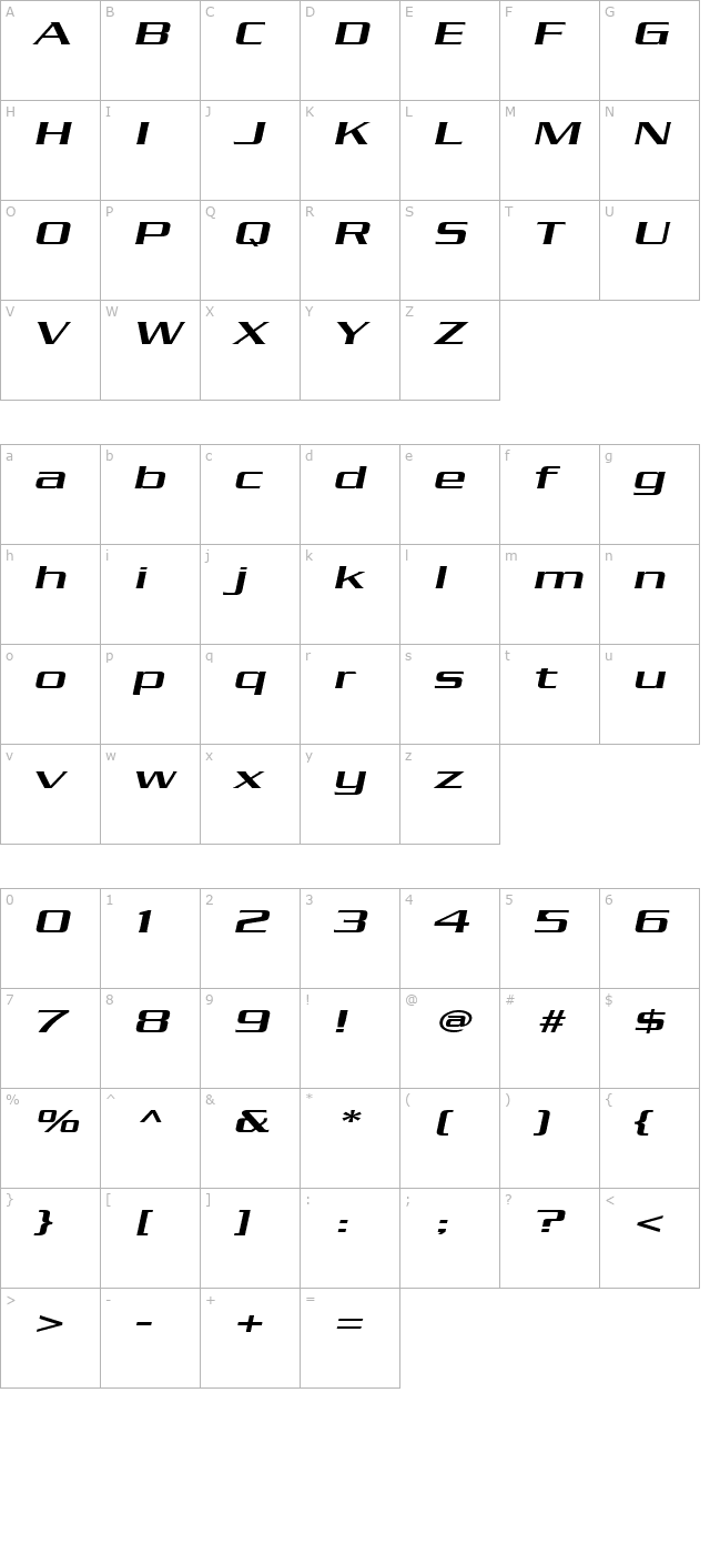 Chaney Extended Italic character map