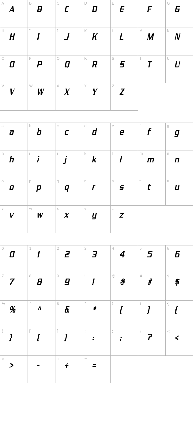 chaney-thin-bolditalic character map