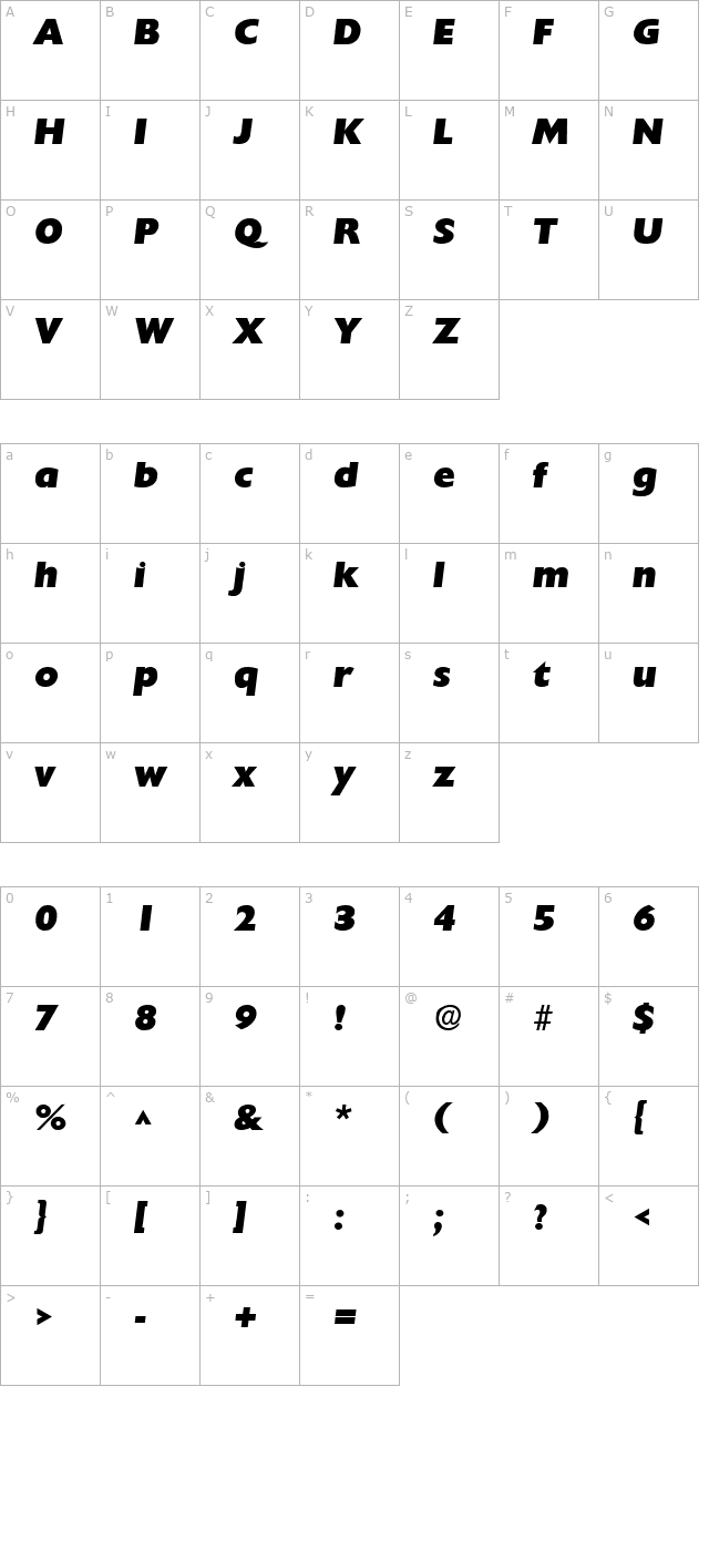 Chanson Heavy SF Bold Italic character map