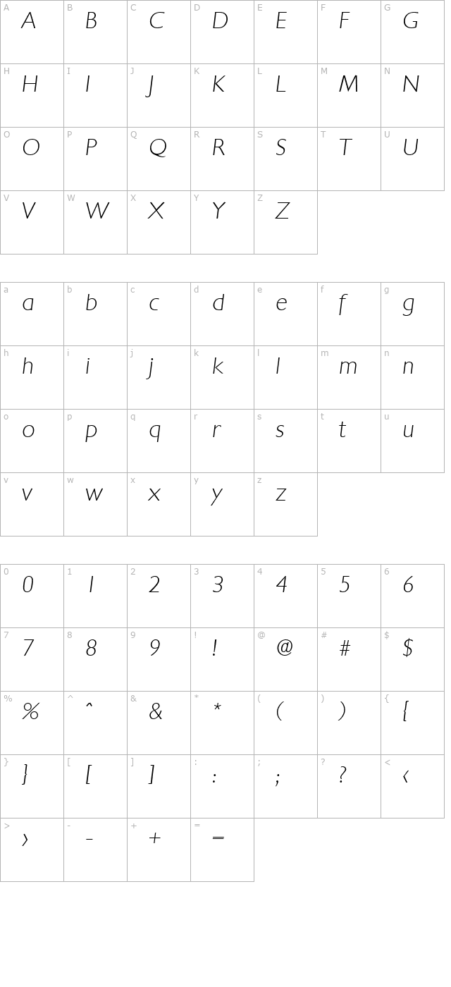 Chantilly-Serial-ExtraLight-RegularItalic character map