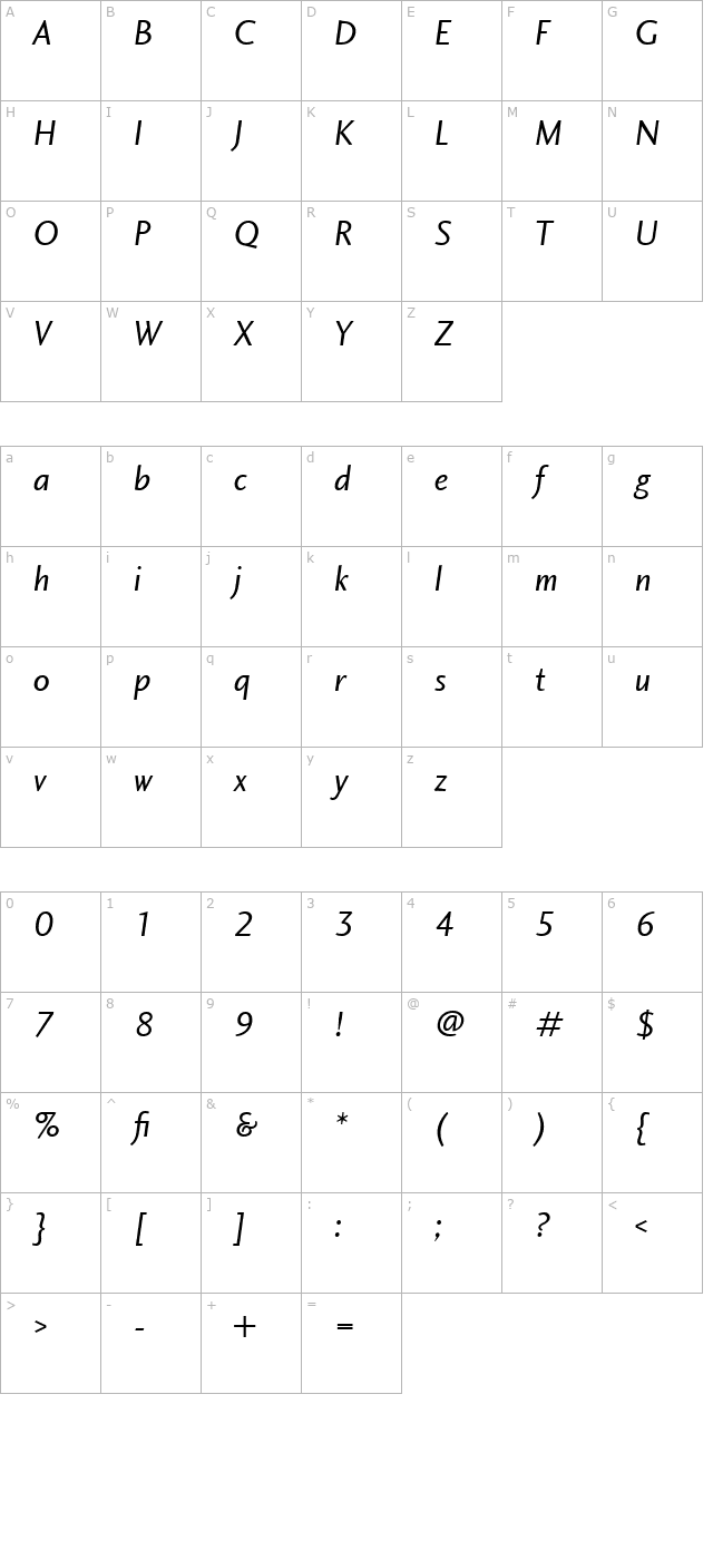 charlotte-sans-book-italic-let character map