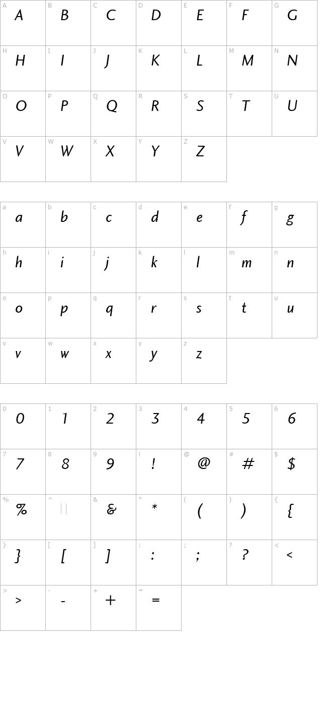 Charlotte Sans Book Italic Plain character map