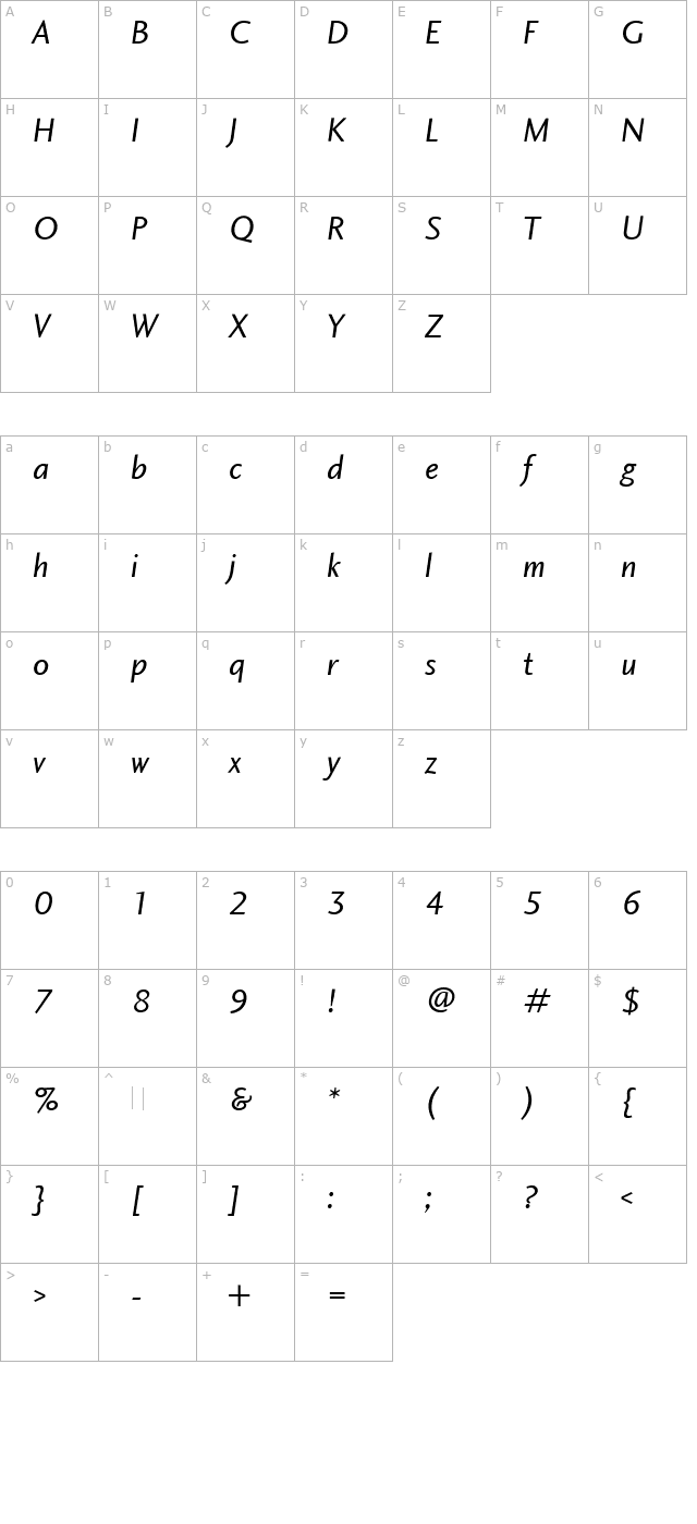 charlotte-sans-book-italic-plain character map