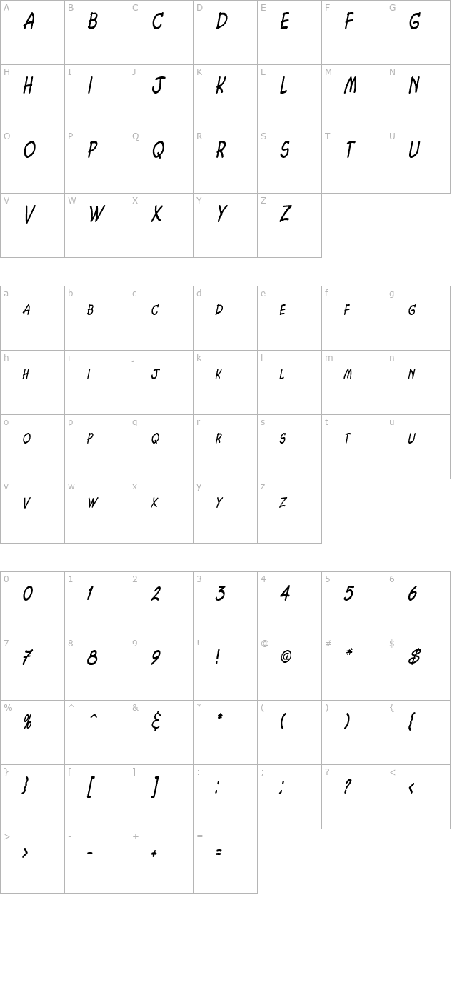 chasm-thin-italic character map