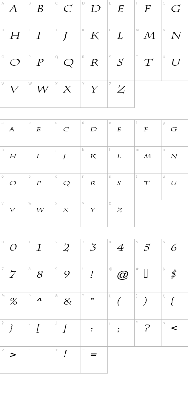 Chaz Wide Italic character map