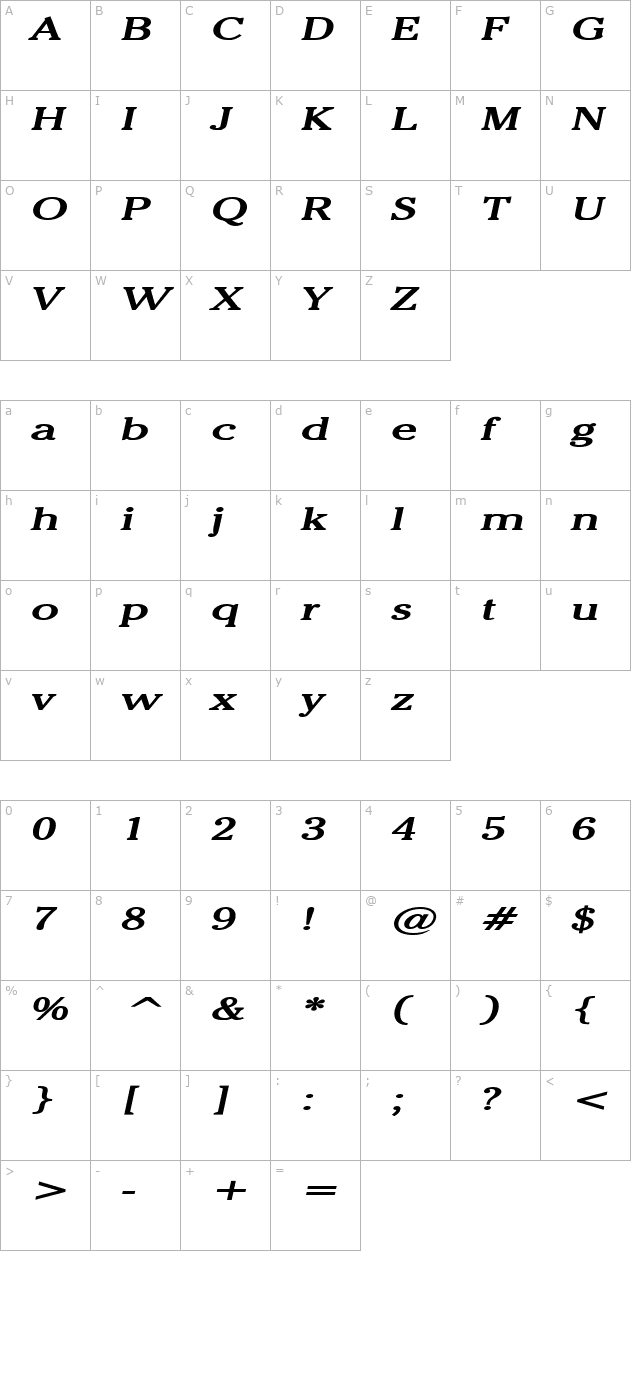 Chelsey Extended Bold Italic character map