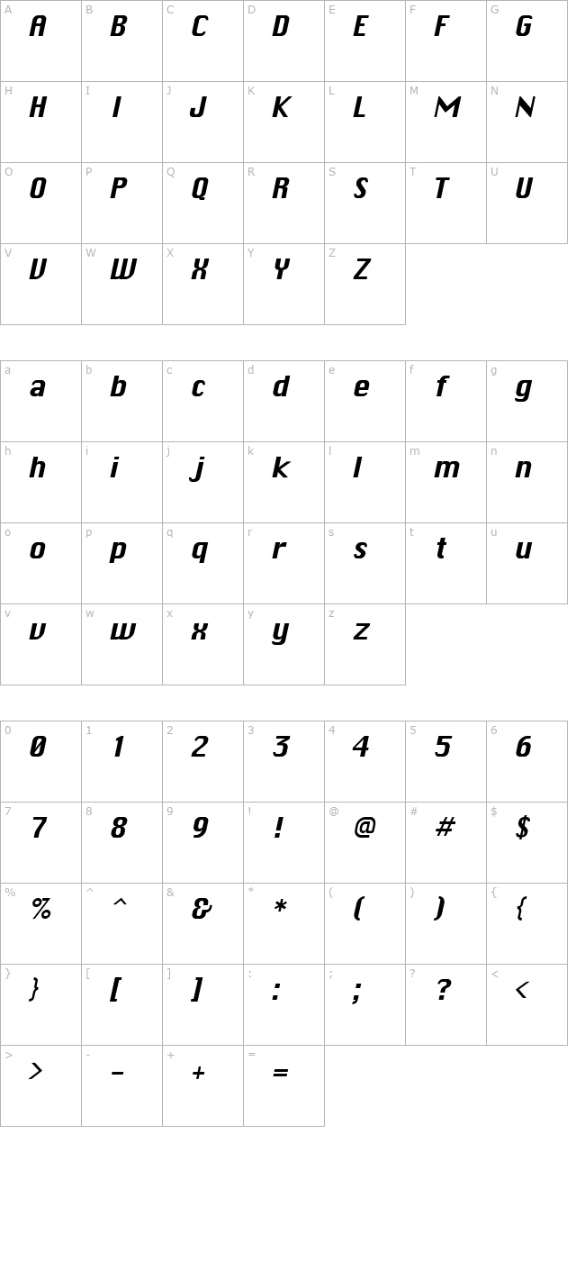 Chicane Italic character map