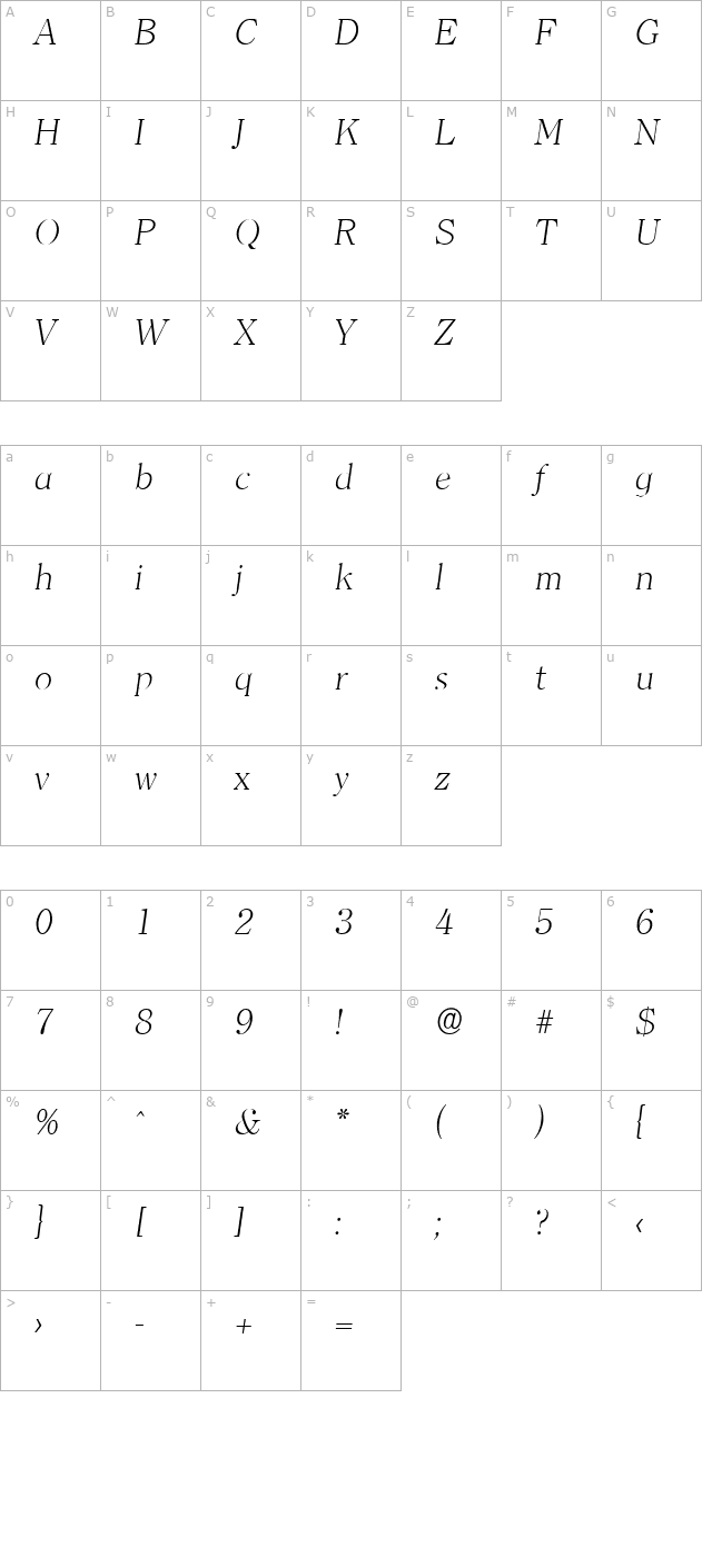 ChristianBecker-ExtraLight Italic character map